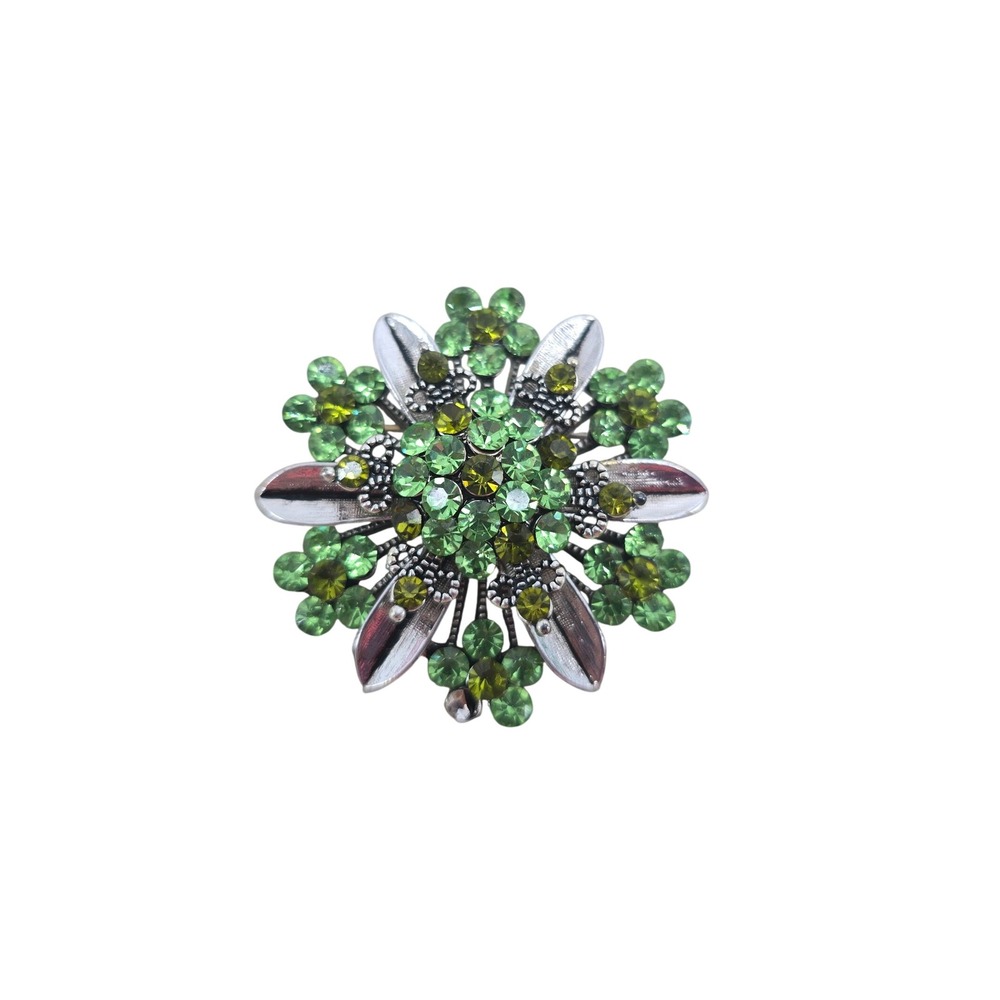 Unbranded Brooch Womens OS Vintage Style Green Rhinestone Flower Silver Tone EUC